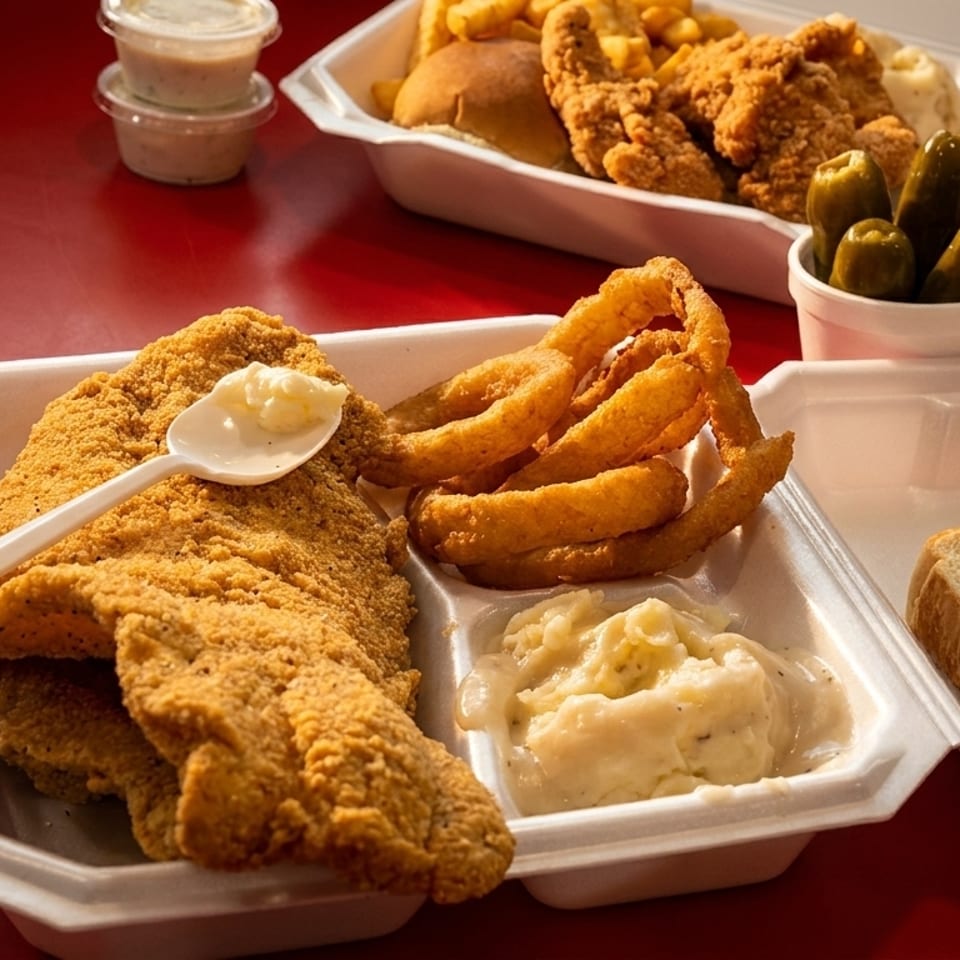 Fried catfish, onion rings, mashed potatoes, and toast in a styrofoam container on a red table.