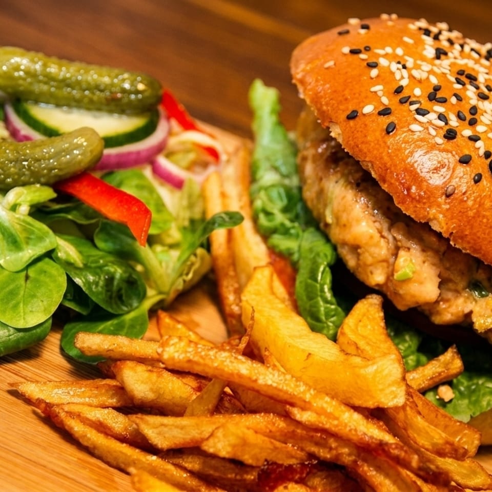 A chicken burger with fries, a side salad, and pickles on a wooden board.