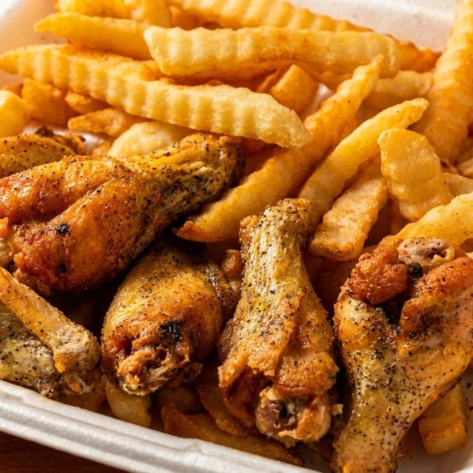 Crispy fried chicken wings and crinkle-cut fries in a white takeout container on a wooden table.