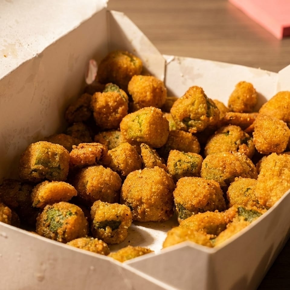 A white takeout box filled with golden-brown fried okra, lightly seasoned, on a wooden table.