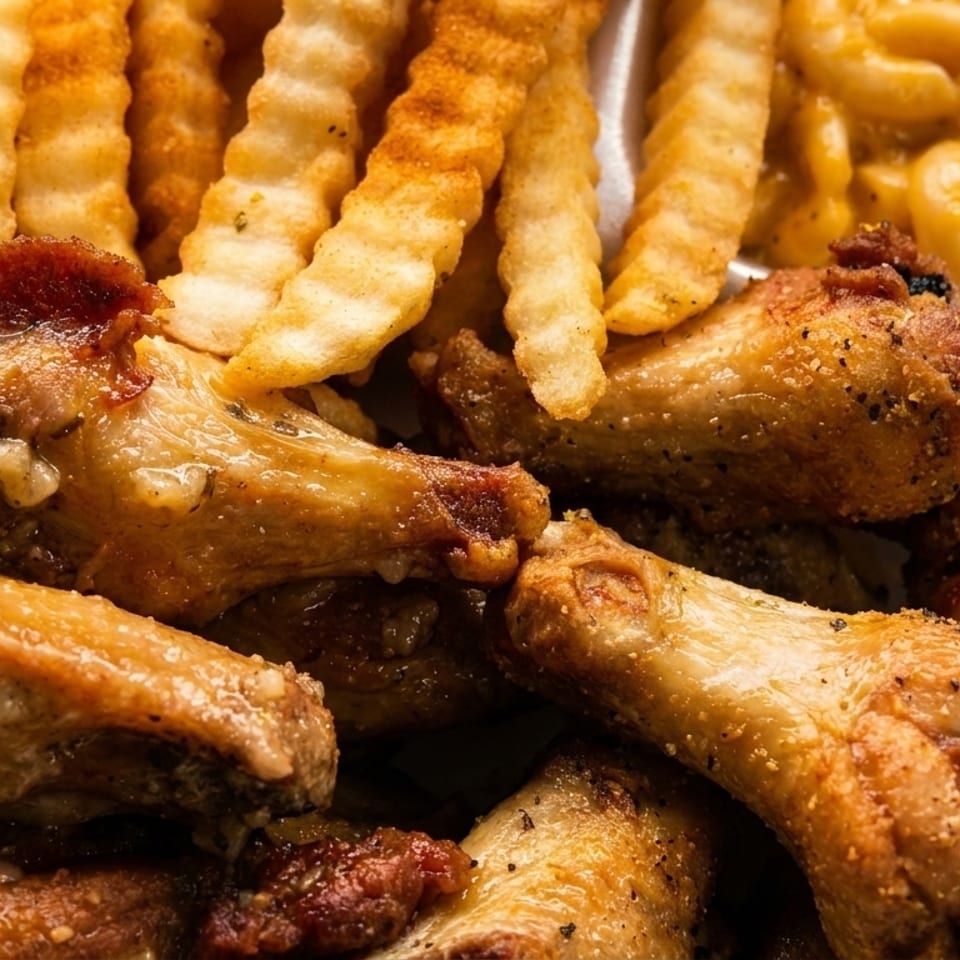 Crispy chicken wings, crinkle-cut fries, and macaroni and cheese in a white takeout container.