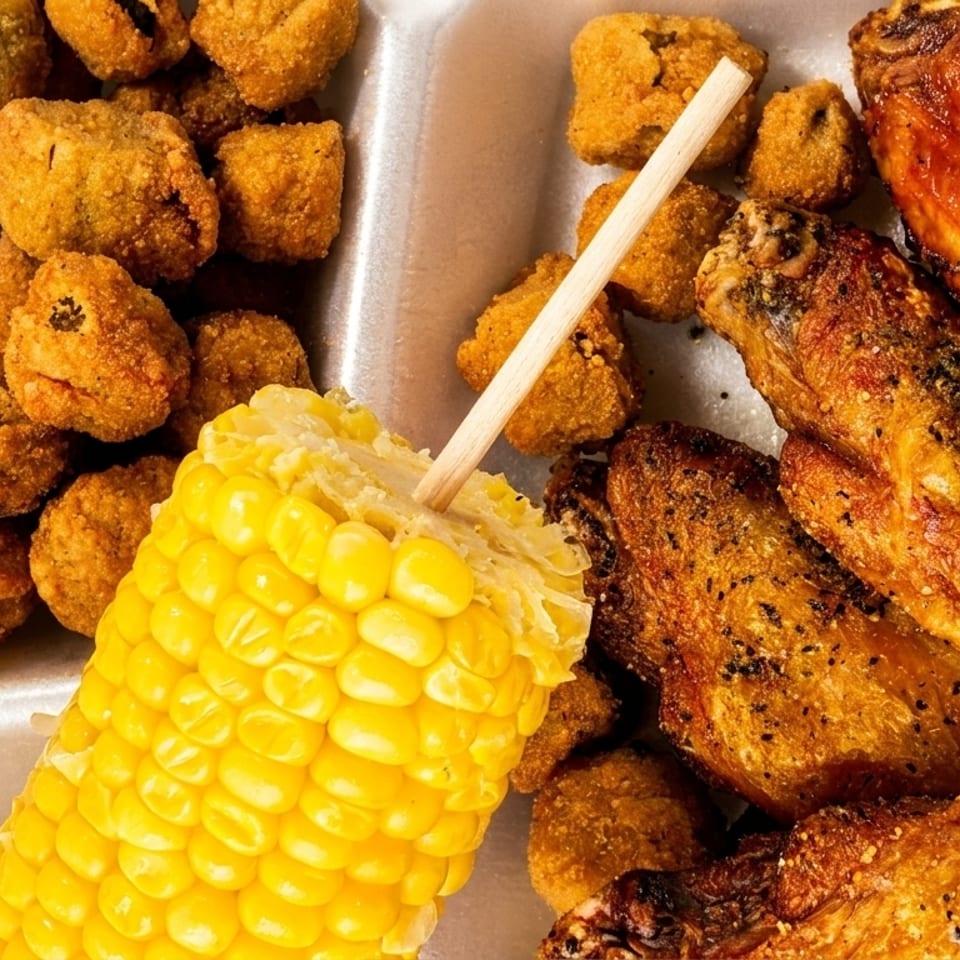 Fried okra, corn on the cob, and seasoned chicken wings in a white takeout container.