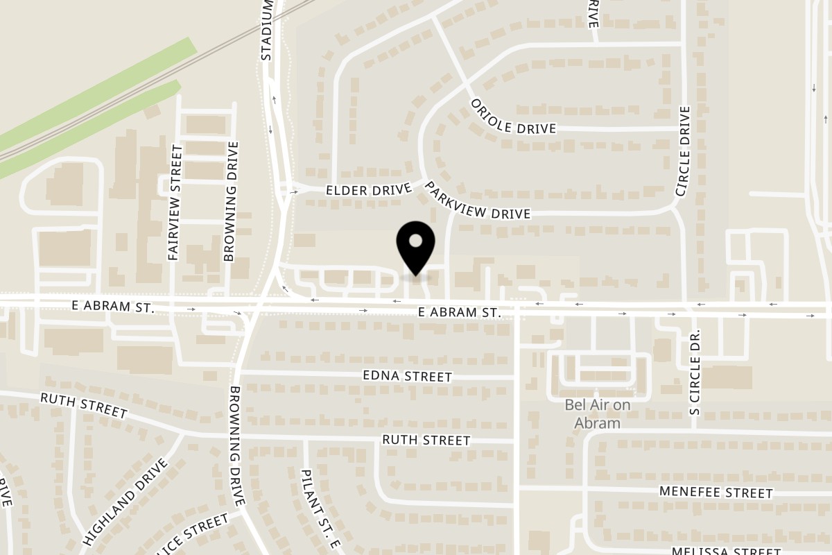 Map showing the location of Peter's Chicken, Burger, Wings, & Seafood on 1823 E Abram St in Arlington
